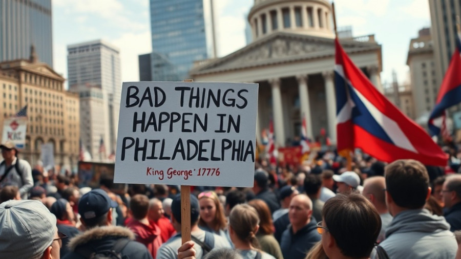Protest in Philadelphia with sign about King George, federal shutdown impact