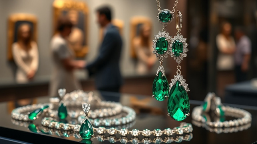 Display of emerald and diamond jewelry in museum reflecting soft light.