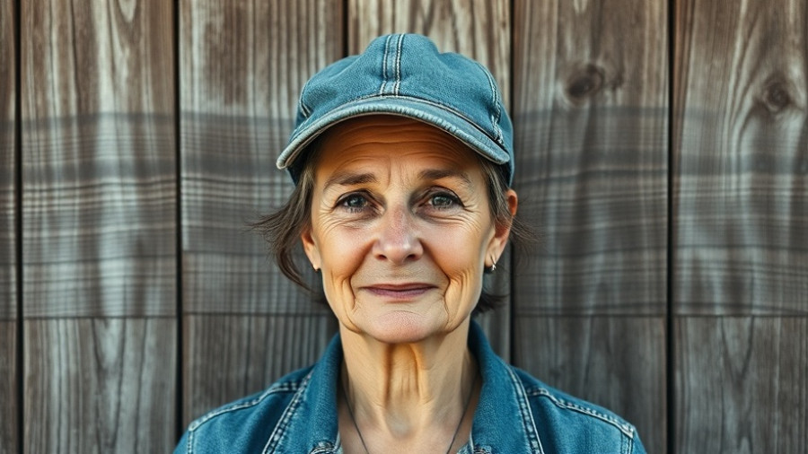 Middle-aged woman with denim cap, rustic wooden background.