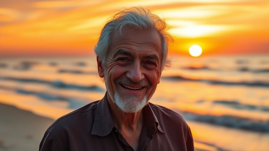 Elderly man smiling warmly on beach during vibrant sunset, Chinese Prison Christianity.