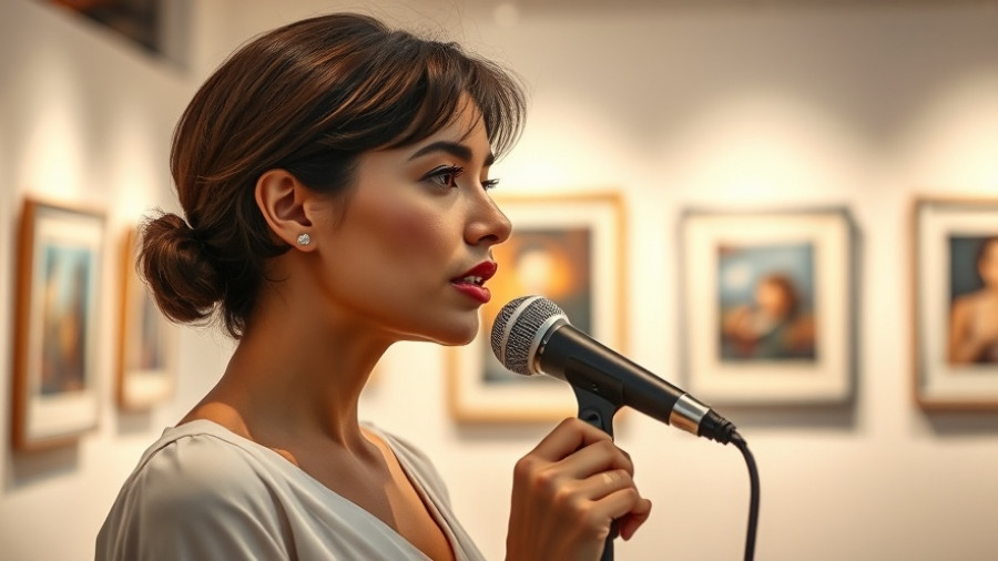 Elegant woman presenting at Sophie Calle's On the Hunt art exhibition.