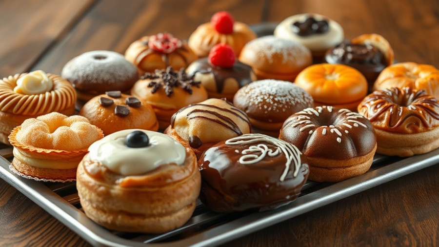 Assorted pastries on a tray showcasing 20 different pastries a day.