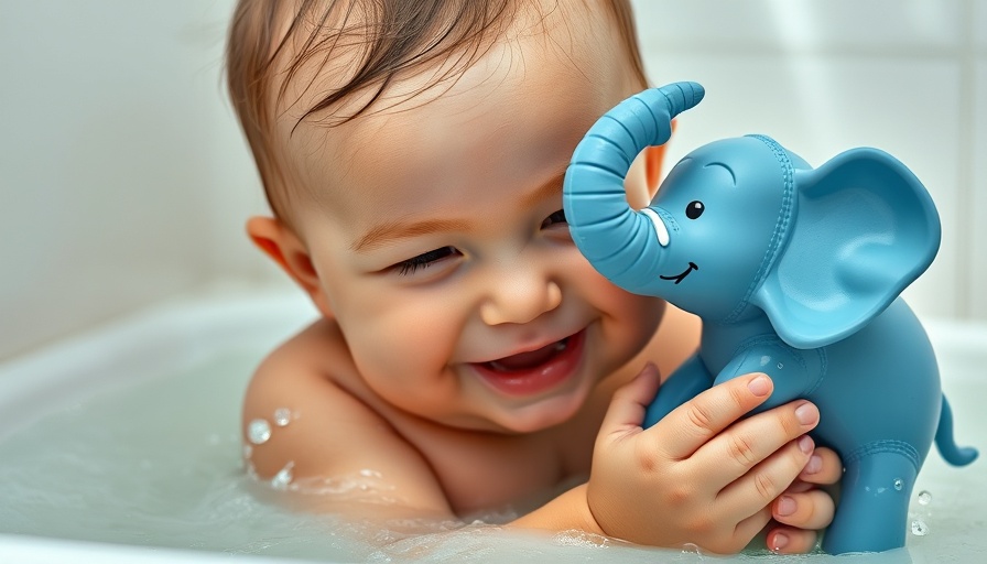 Baby with blue elephant toy in bath, Philly Baby Gear Brands and Shops.