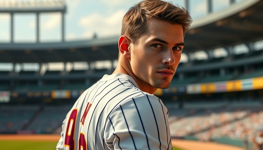Confident athlete in striped jersey at baseball stadium.