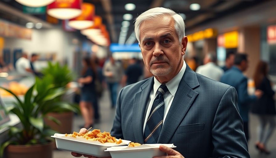 Man in a suit holding food trays in a bustling food court