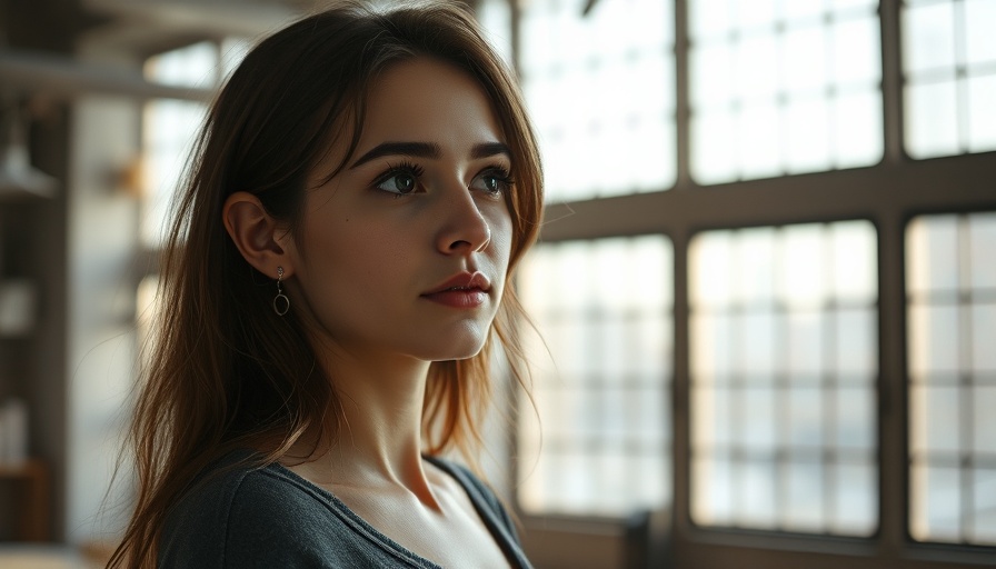 Reflective young woman in a warmly lit loft setting.