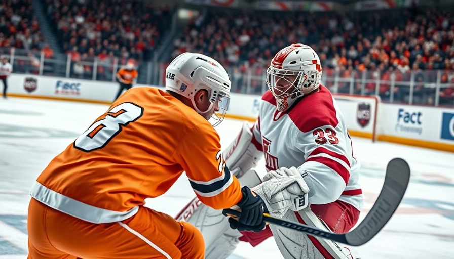 Flyers player shoots against opponent goalie in playoff hopes match.