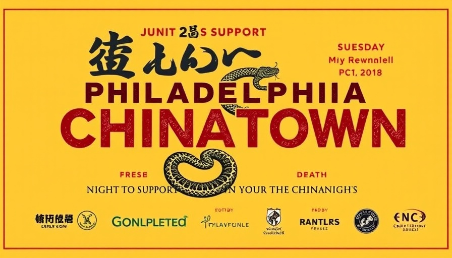 Event poster for supporting Philadelphia's Chinatown with snake graphic.