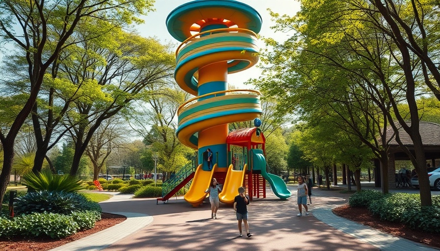 Vibrant Franklin Square Playground with tall spiral slide and greenery.