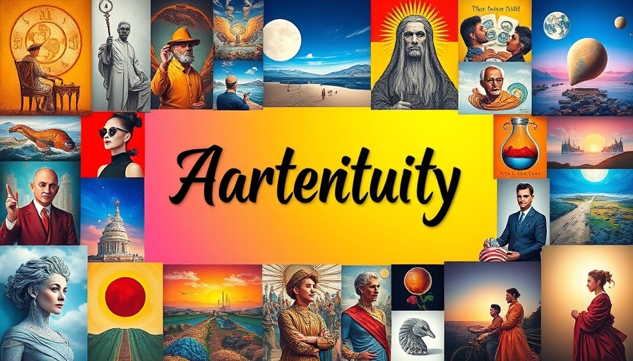 Collage of contemporary artworks with vibrant gradient background