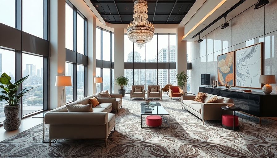 Luxurious Frank Lloyd Wright-inspired apartment living room with modern decor.