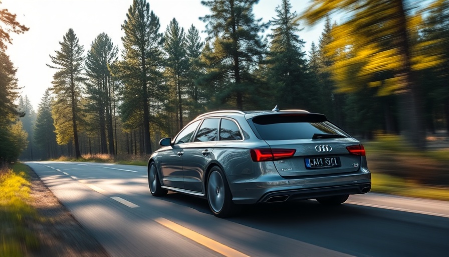 Audi A6 Avant station wagon driving through scenic forest road.
