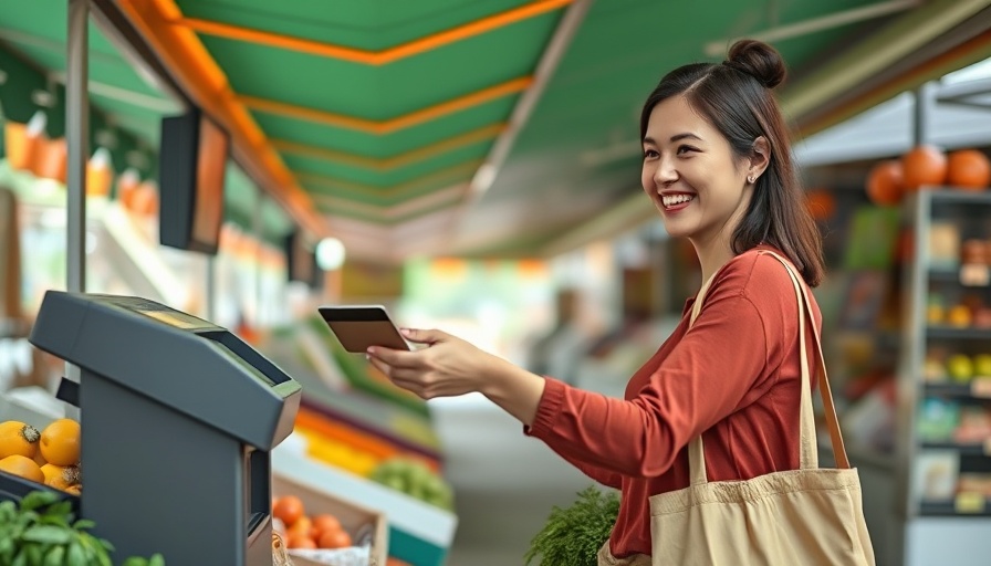 Smiling woman pays with a card at market using Amex Gold Card.