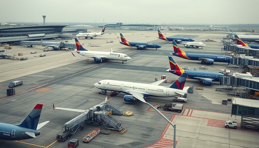 Busy airport tarmac with Delta Reserve airplane and terminals.