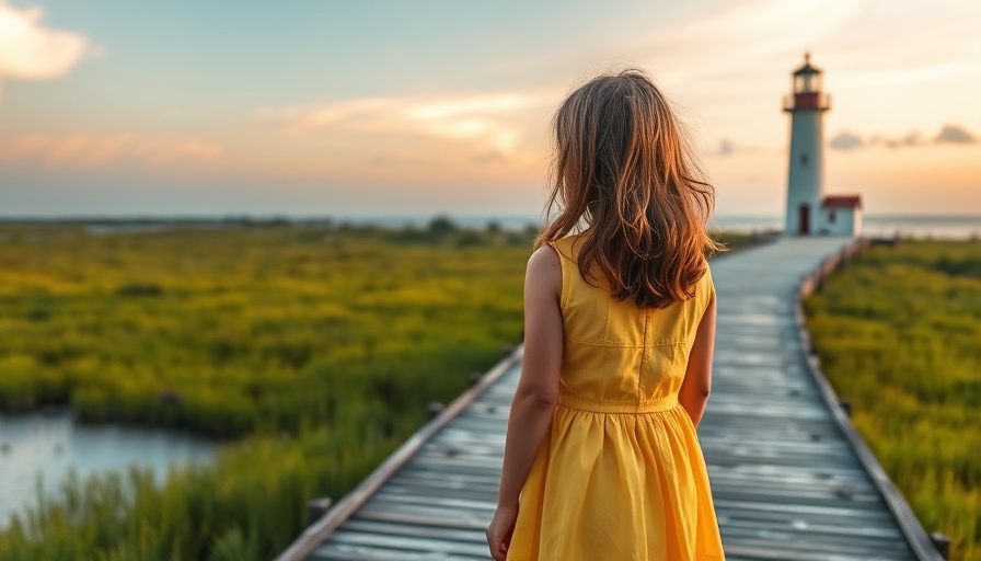 Girl on boardwalk near lighthouse in scenic East Coast marshland.