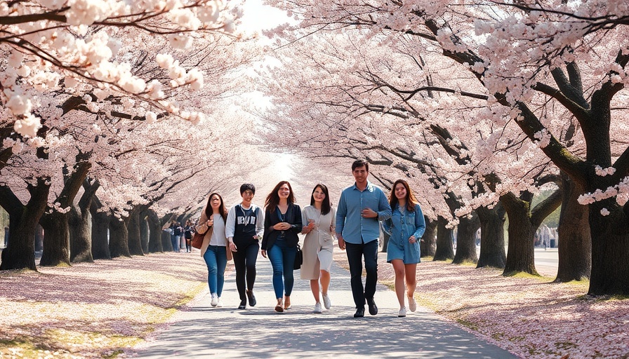 Vibrant cherry blossom path filled with people, best places to stay for cherry blossom season.