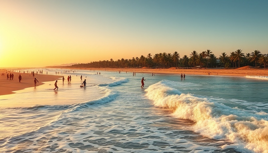 Beach scene with people at sunset for weekend getaways in the US.