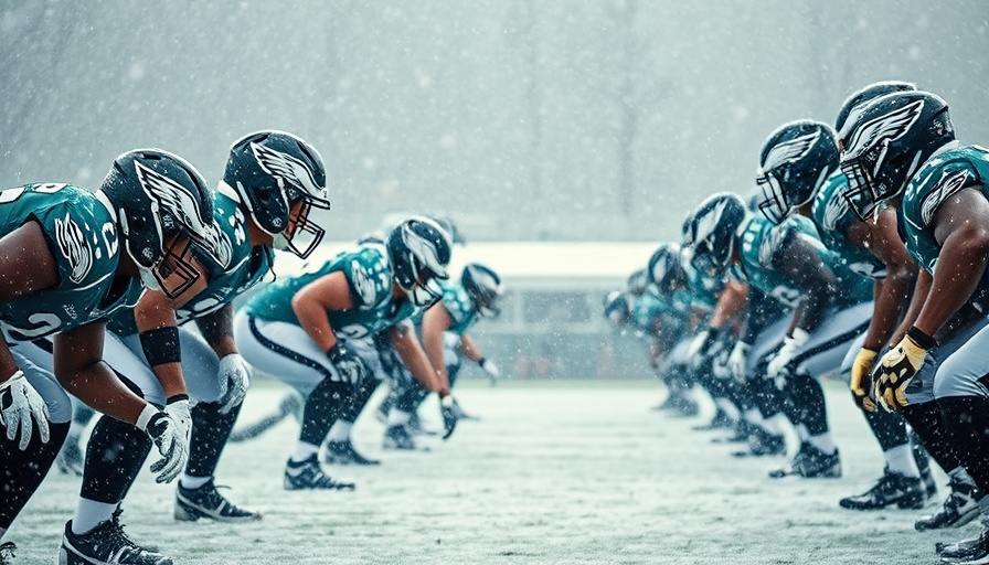 Eagles stay or go linebacker in snowy football play.