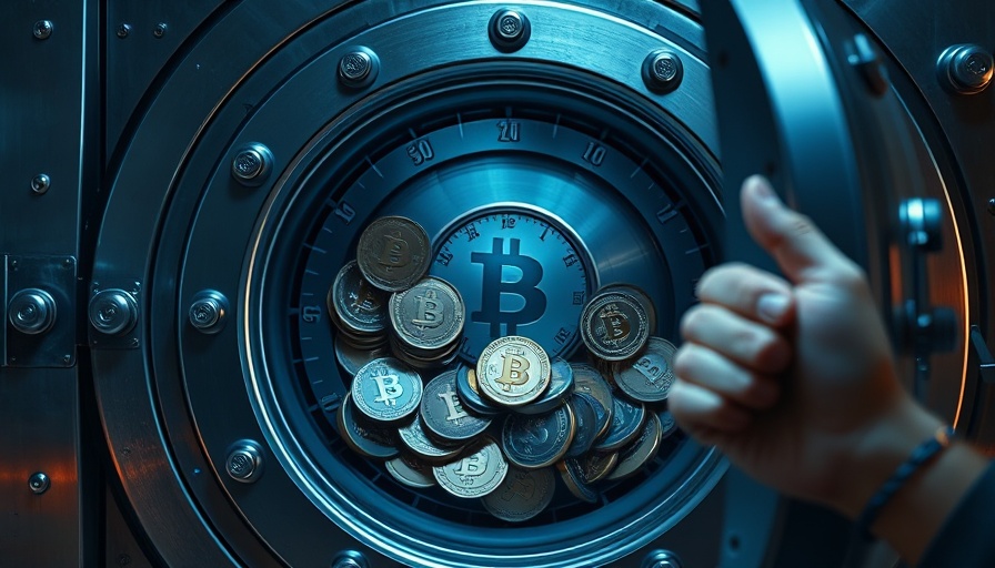 Vault with cryptocurrency coins inside, concerned expression, strategic cryptocurrency reserve.