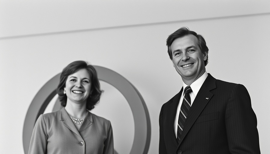 Vintage photo of two people smiling indoors beside a sculpture.