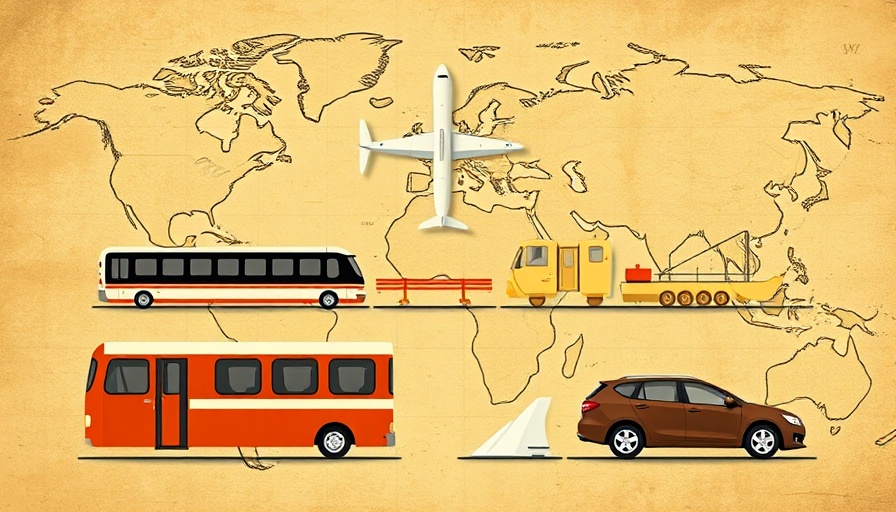 Flat design transportation icons on a vintage world map background.
