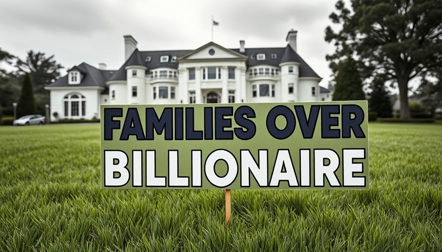 Illustrative sign 'Families Over Billionaires' on a mansion lawn.