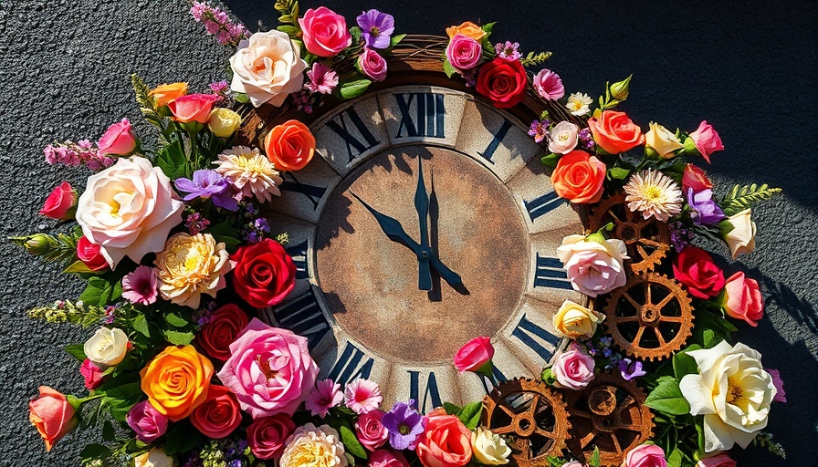 Floral clock with colorful flowers and gears in a detailed display
