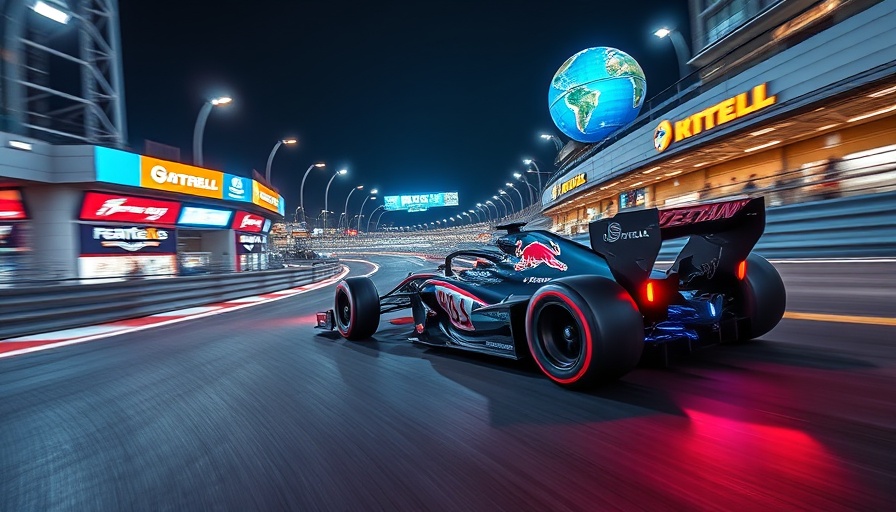 Formula One car racing at night, futuristic track, travel for Formula One.
