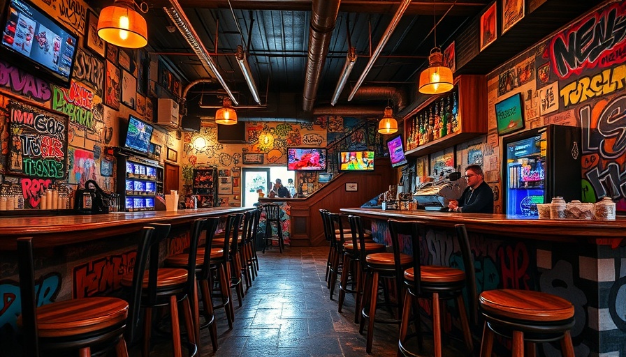 Eclectic bar in Puerto Rico with graffiti walls and wooden stools.