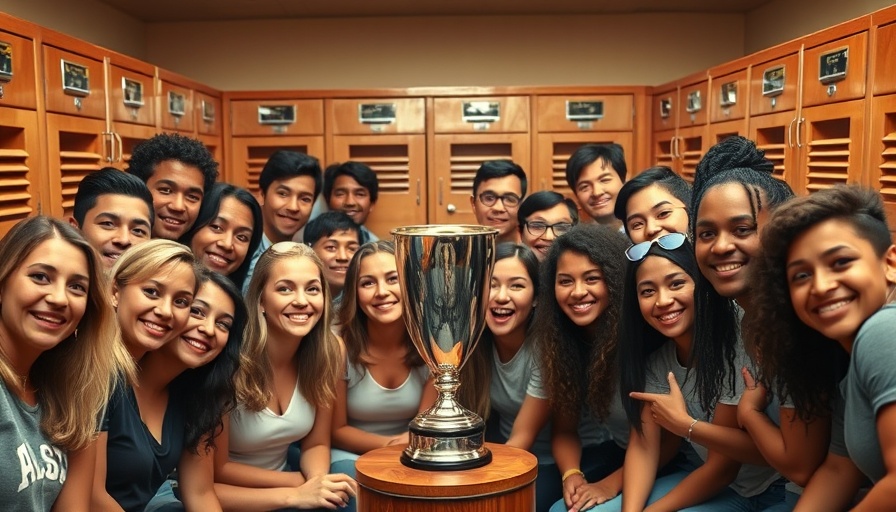 Green community group photo with a central trophy.