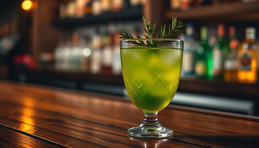 Green cocktail with herbs on a wooden table at a top bar