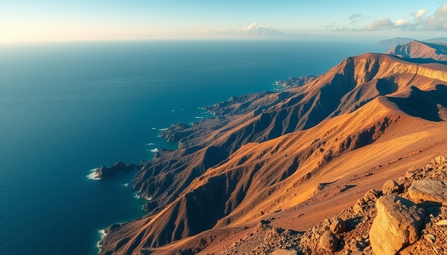 Galápagos volcanic landscape with ocean view, golden hour.