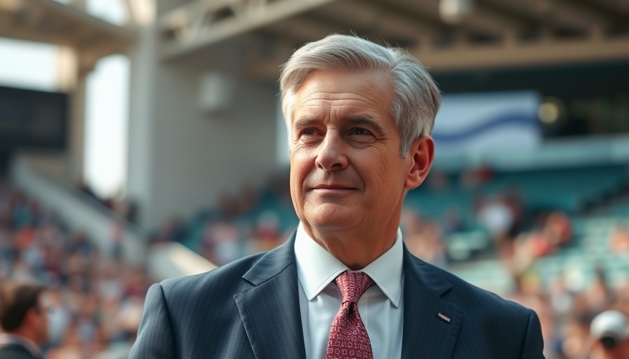 Middle-aged man smiling outdoors at a sports event, free agency context.