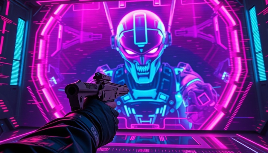 Scene from Harmony Korine Baby Invasion trailer with gun aimed at robot.
