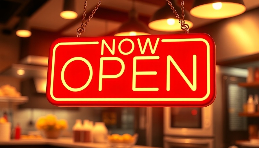 Bold NOW OPEN restaurant sign with vibrant red and yellow colors.