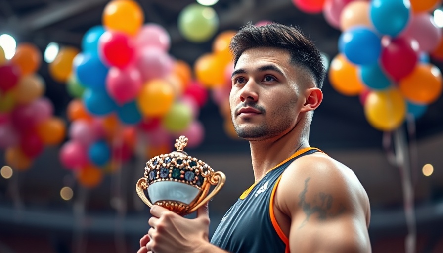 Athlete in sports arena holding trophy with colorful balloons.