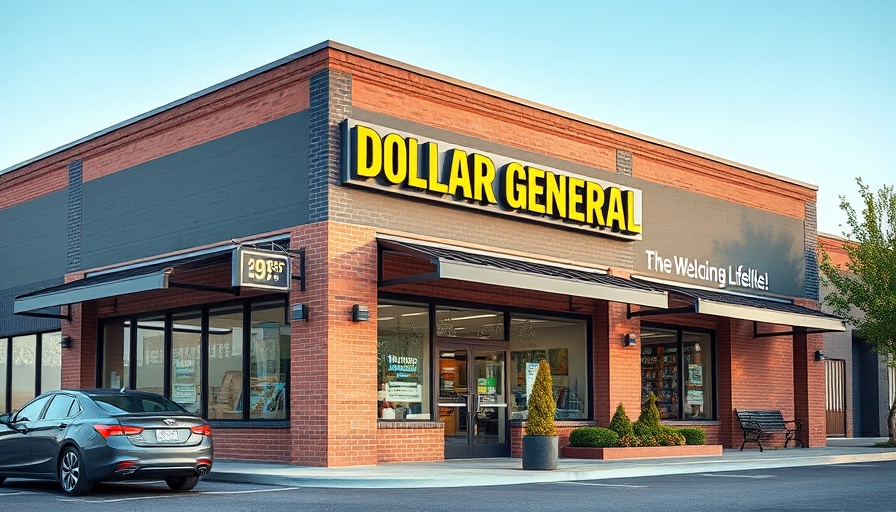 Dollar General store exterior with entrance and greenery