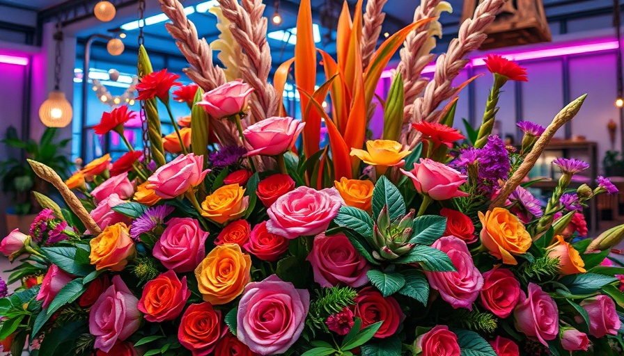 Vibrant floral arrangement with LED lighting indoors.