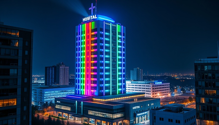Roberts Children's Health Tower brightly lit with rainbow lights at night.