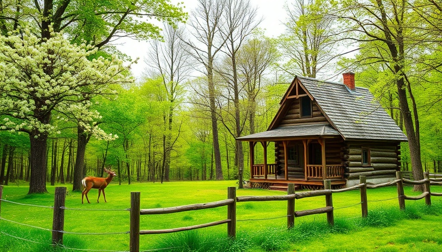 Rustic cabin in serene forest clearing with deer, natural surroundings.
