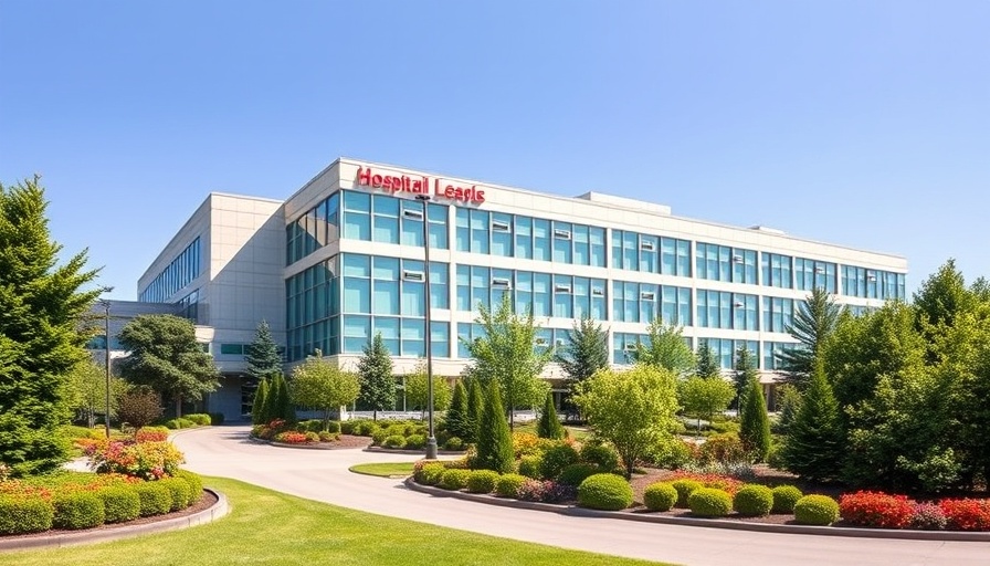 Modern hospital building and gardens under blue sky, Save Crozer Health.