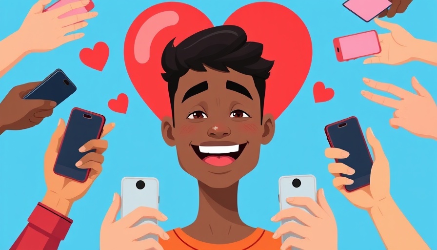 Cartoon of a young man and hands with phones symbolizing situationships