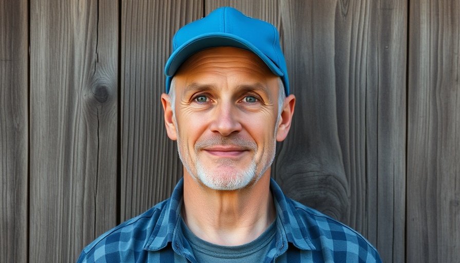 Middle-aged person in a blue cap standing against a wooden wall in a natural setting.