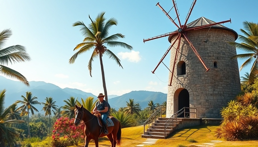 Lush Caribbean landscape with windmill and riders, representing abundance agenda.