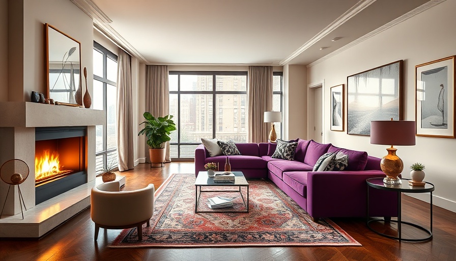 Elegant Gramercy Park luxury apartments living room with purple sofa.