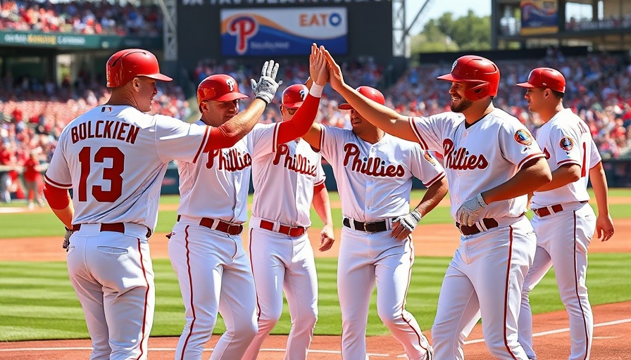 Phillies Opening Day Win teamwork celebration on field.