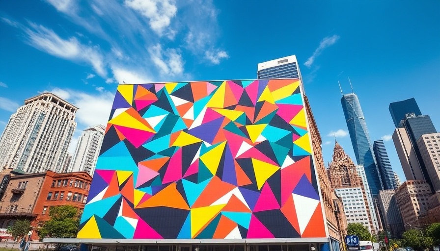 Vibrant Philadelphia public art mural with geometric patterns on a city building.