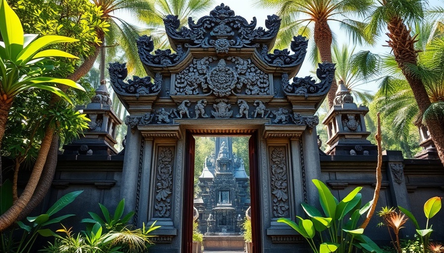 Intricate Balinese temple gate amidst lush greenery under clear sky.
