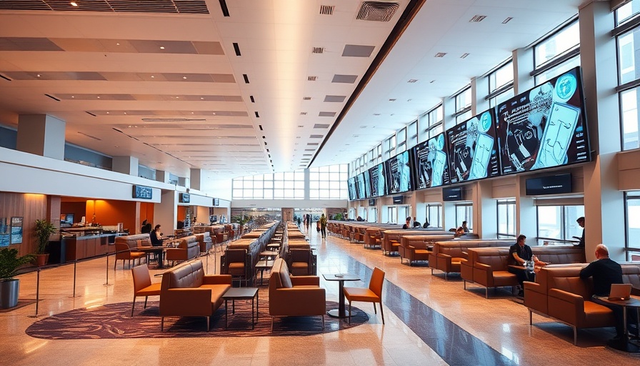 Modern United Club lounge access with seating and digital screens.