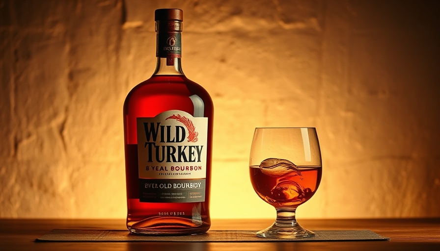 Wild Turkey 8-Year-Old Bourbon bottle with glass on wooden surface.